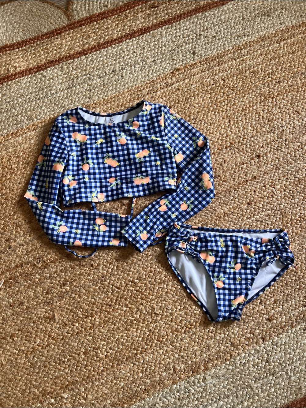 Girls’ art class Navy Gingham Peach Print Long-Sleeve Bikini Set